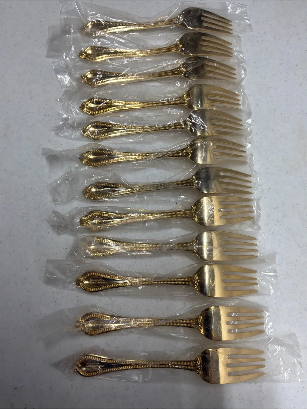 International Silver Co Yorkshire Bead Gold Electroplate Flatware 12 Salad Forks